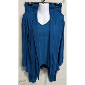 Cuddl Duds 3 Piece Teal Blue Ribbed Knit Lounge/PJ set S, Tank Pants Robe/Topper